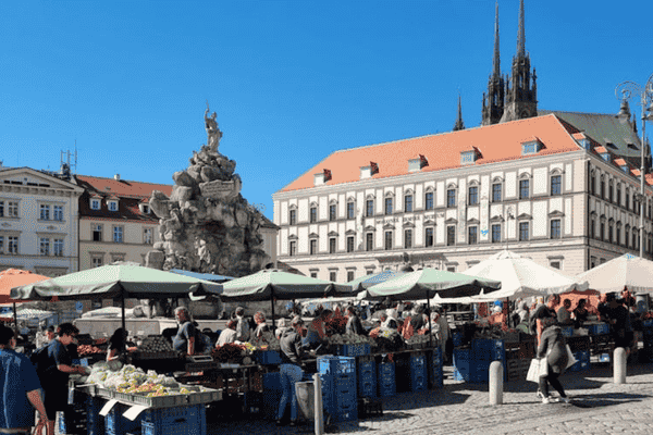 Zelný trh (Cabbage Market) in Brno with the Baroque Parnas fountain and the Cathedral of St. Peter and Paul in the background.