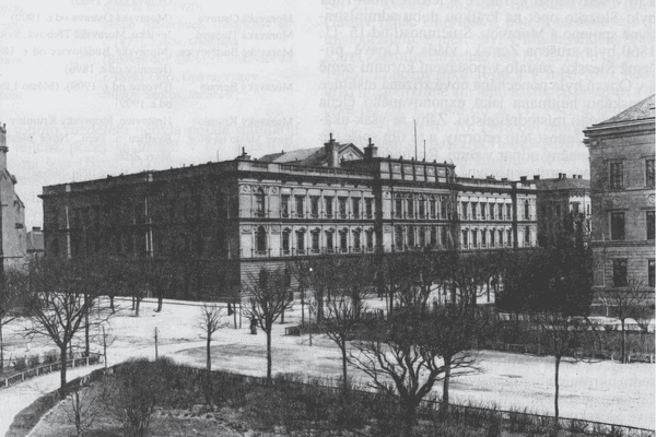 Historical photograph of the Moravian Land Diet Building (Zemská sněmovna) in Brno.