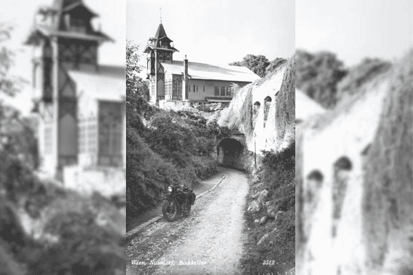 Historical photograph of Bockkeller and tunnel on Eichelhofstraße, Vienna, with a motorbike in front.