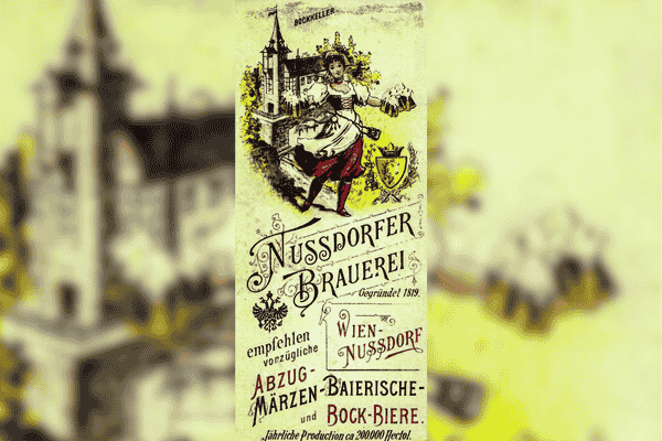 Vintage advertisement for Nussdorfer Brauerei in Vienna featuring a traditional woman serving beer.