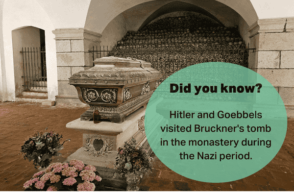 Bruckner's tomb at St. Florian Monastery with a Did You Know fact about Hitler and Goebbels' visit