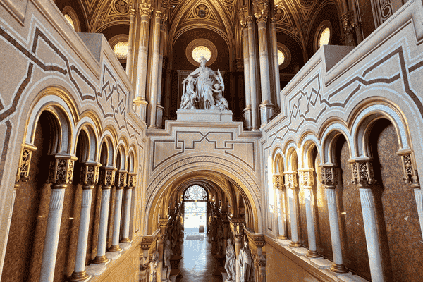 Grand staircase with statues and arches at Heeresgeschichtliches Museum