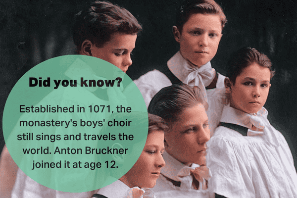 Boys' choir with a Did You Know fact about the St. Florian Monastery and Anton Bruckner