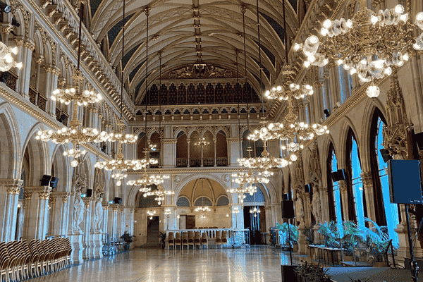 Grand ballroom inside Vienna City Hall with chandeliers