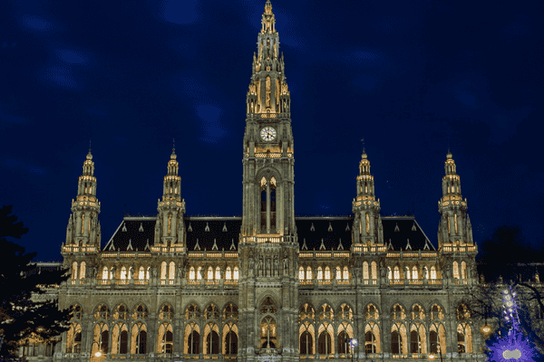 Vienna City Hall illuminated at night