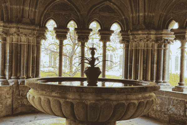 Stone fountain inside Zwettl Abbey's cloister