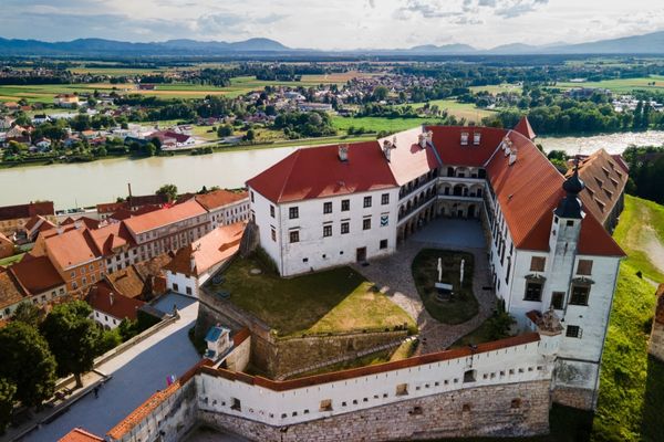 Aerial view of Ptuj Castle in Slovenia, overlooking the old town and the Drava River, with scenic green landscape in the background.