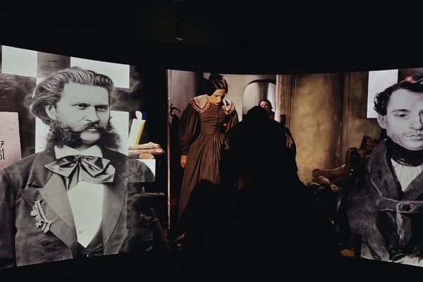 Interactive display featuring Johann Strauss at the Johann Strauss Museum in Vienna.