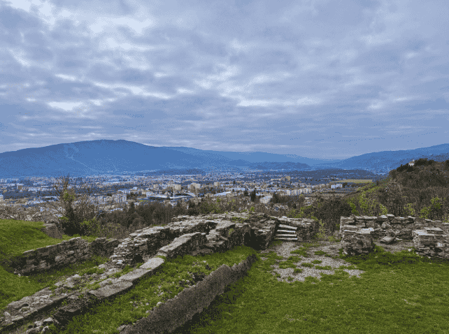 View of Maribor from the historic Pyramida Hill with ancient ruins in the foreground.