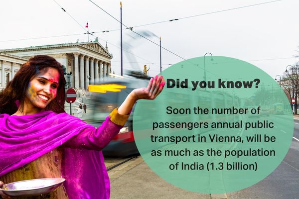 Woman in traditional Indian attire in front of a moving red tram in Vienna, with a historical building in the background.