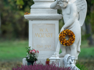 Statue and memorial of W. A. Mozart at St. Marx Cemetery in Vienna, Austria