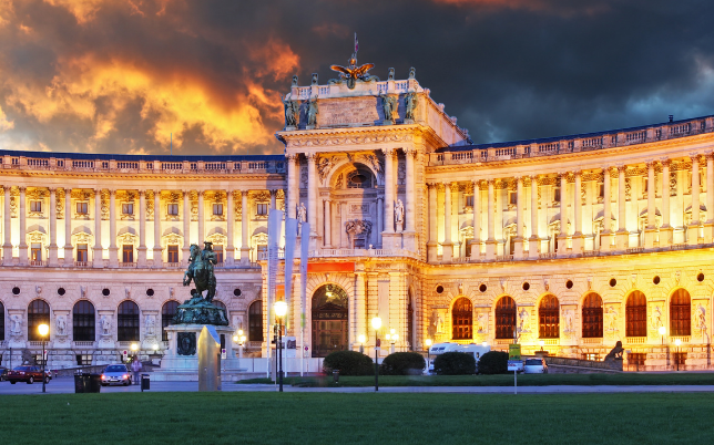 Hofburg Palace in Vienna illuminated at sunset 