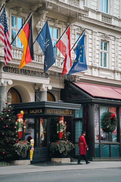 Entrance of Hotel Sacher and Café Sacher in Vienna decorated for Christmas