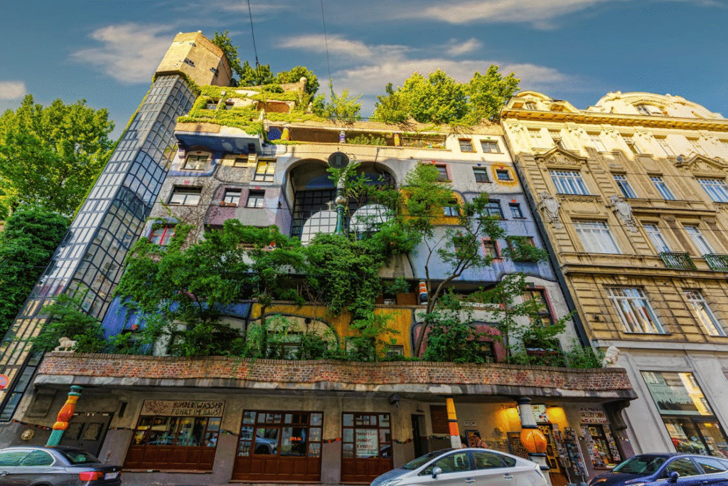 Colorful Hundertwasserhaus in Vienna with trees growing on the facade